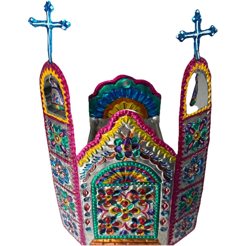 13" Vtg Mission Church Punched Tin Mexico Folk Art Illuminary  *Flaw* Read #3614